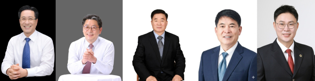 김해시장 예비후보들. 왼쪽부터 더불어민주당 정영두, 국민의힘 홍태용, 조국혁신당 이봉수, 진보당 박봉열, 개혁신당 한완희 후보. 각 후보 캠프 제공