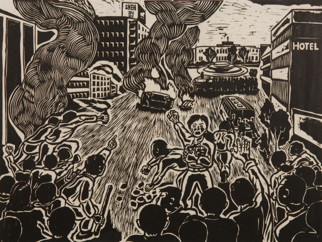 홍성담, 가자 도청으로, 목판화, 54.5 &times; 40.8cm, 1988. 작가 제공