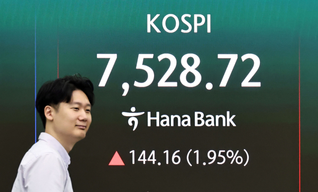 7일 서울 중구 하나은행 딜링룸 현황판에 코스피가 표시되고 있다. 이날 코스피는 전 거래일 대비 114.51포인트 오른 7,499.07에, 코스닥은 0.66포인트(0.05%) 오른 1,210.83에 개장했다. 코스피는 장중 7,500을 돌파하며 또 최고치를 경신했다. 연합뉴스