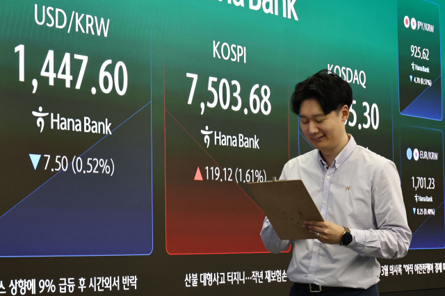 7일 서울 중구 하나은행 딜링룸 현황판에 코스피가 표시되고 있다. 이날 코스피는 장중 7500 선을 돌파하며 또 최고치를 경신했다. 연합뉴스