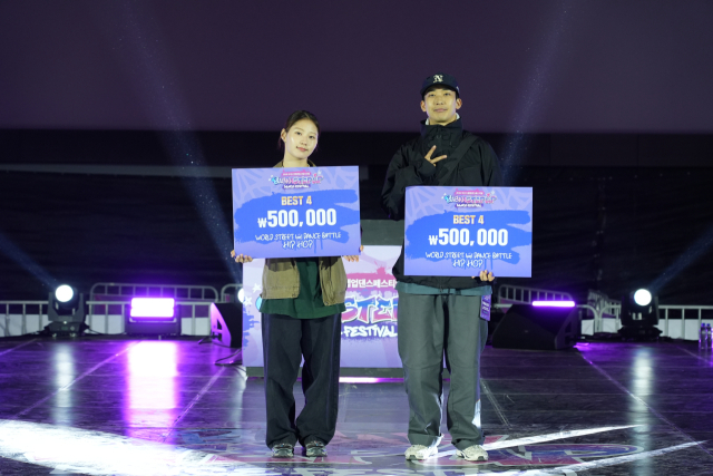 '월드 스트리트 1:1 댄스 배틀 힙합'에서 BEST 4에 든 강찬송(파카·서울, 오른쪽)과 권재은(재은·부산). 청년문화진흥협회 제공