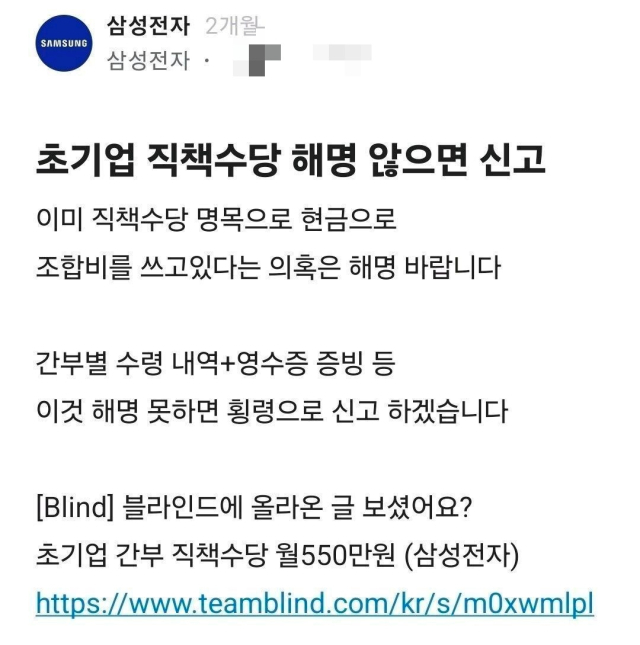 초기업노조 지도부에 대한 비판의 글. 직장인 커뮤니티 블라인드 캡쳐.