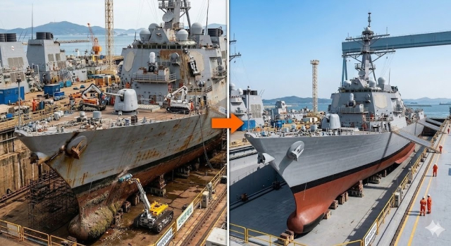 스마트함정 MRO 기술 시연 전후 인공지능(AI) 이미지. 경남도 제공