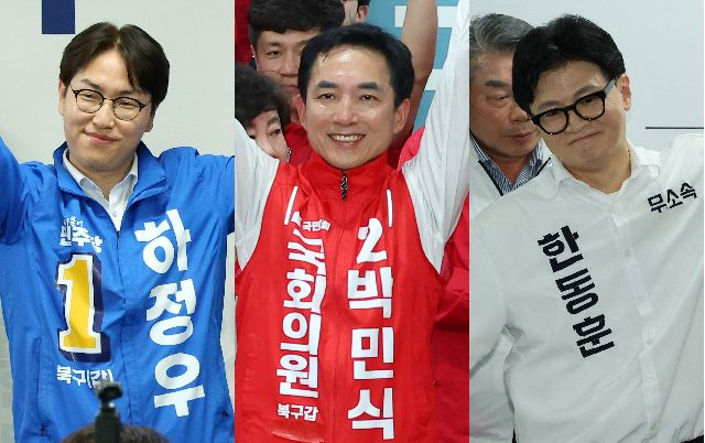 부산 북갑 보궐 선거에서 격돌을 벌일 3인의 후보가 지난 10일 일제히 선거사무소 개소식을 열고 본격적인 레이스에 들어갔다. (왼쪽부터) 더불어민주당 하정우, 국민의힘 박민식, 무소속 한동훈 후보. 부산일보DB