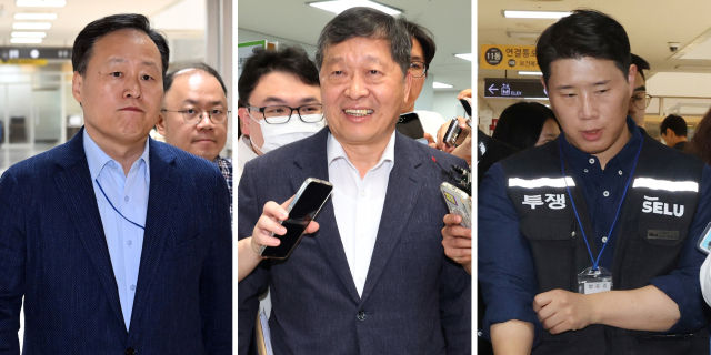 삼성전자 사측 대표교섭위원인 여명구 DS(디바이스솔루션·반도체 사업 담당) 피플팀장(왼쪽부터), 박수근 중앙노동위원장, 삼성그룹 초기업노동조합 삼성전자지부 최승호 위원장이 총파업 예고 시점을 이틀 앞둔 19일 정부세종청사 중앙노동위원회에서 열린 2차 사후조정 2일차 오후 회의에 참석하고 있다. 연합뉴스