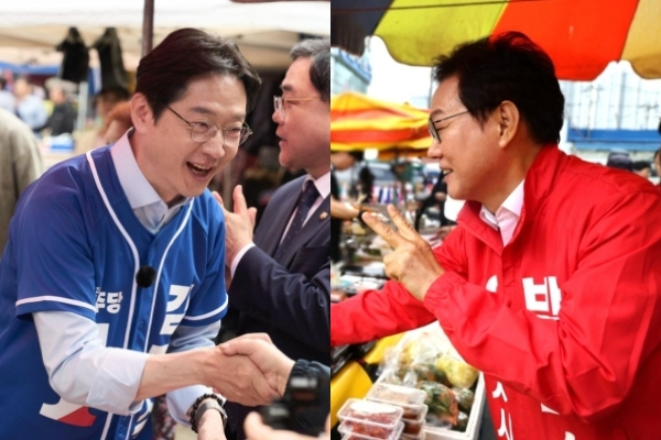 더불어민주당 김경수 경남지사 후보와 국민의힘 박완수 후보. 각 선거캠프 제공