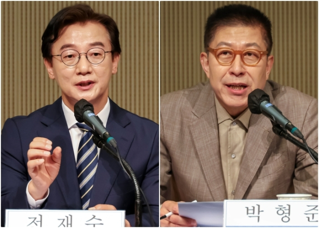 부산일보사와 관훈클럽이 주최한 부산시장 후보 초청 관훈토론회가 26일 부산 해운대구 동서대학교 센텀캠퍼스 컨벤션홀에서 열렸다. 전재수 더불어민주당 후보와 박형준 국민의힘 후보가 발언하고 있다. 김종진 기자 kjj1761@