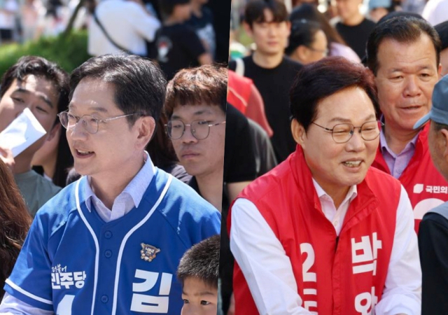 31일 여야 경남지사 후보가 주말 막바지 유세에 총력전을 벌였다. 왼쪽은 경남 창원시 마산회원구 양덕동 창원NC파크를 방문한 더불어민주당 김경수 후보, 오른쪽은 경남 창원시 마산합포구 해운동 번개시장 유세 중인 국민의힘 박완수 후보. 각 선거본부 제공